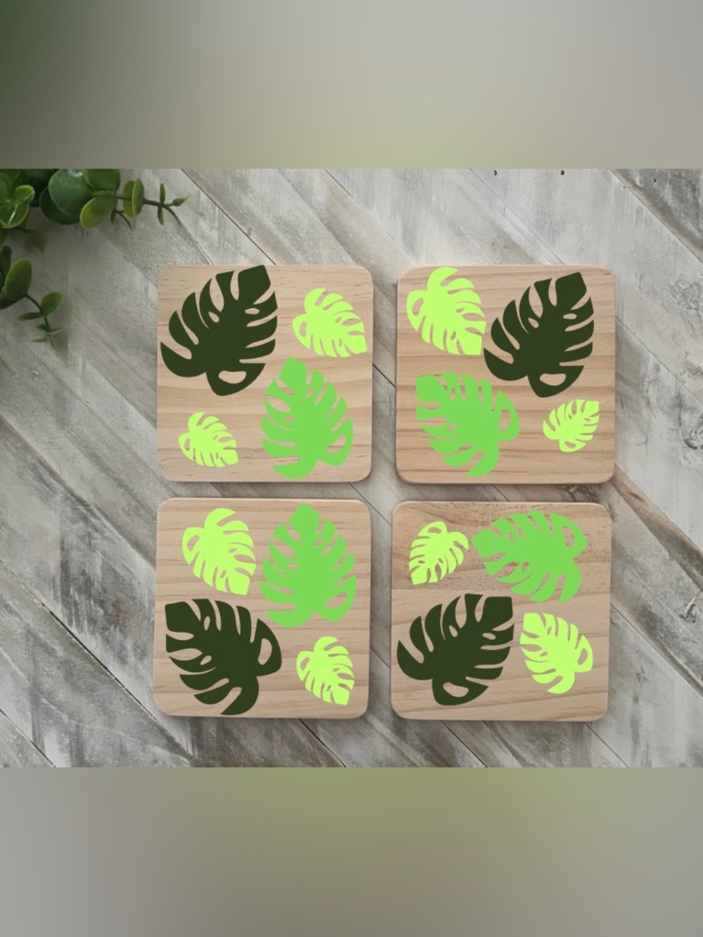 Set of 4 Wooden Coasters with Green Monstera Leaf Designs
